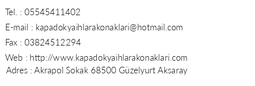 Kapadokya Ihlara Konaklar & Caves telefon numaralar, faks, e-mail, posta adresi ve iletiim bilgileri